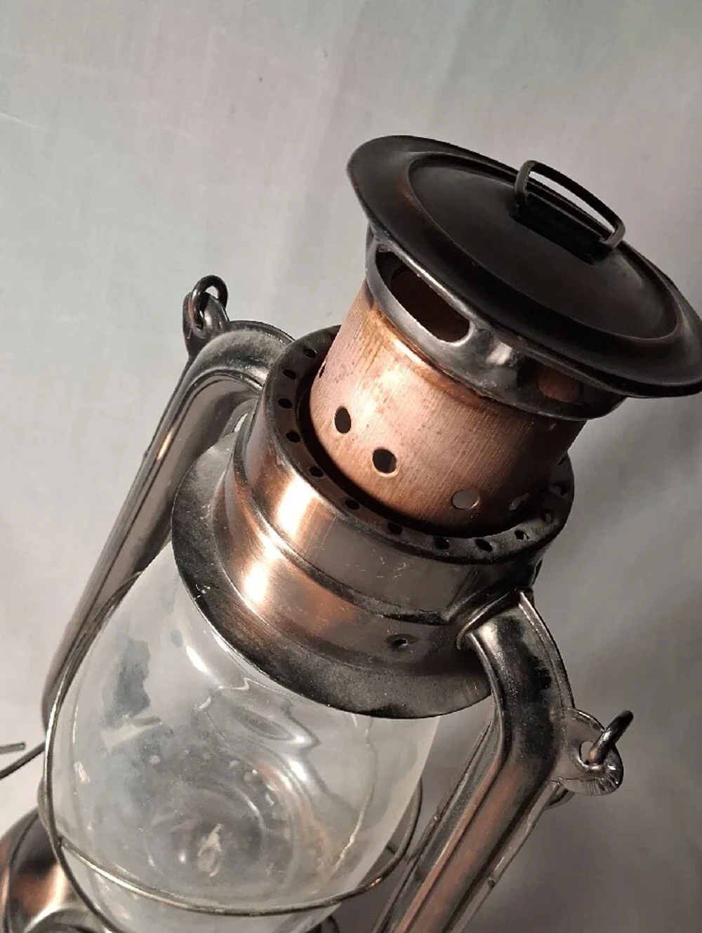 Vintage Hurricane Oil Lantern With Metal Hanging Handle Glass Shade Not Used
